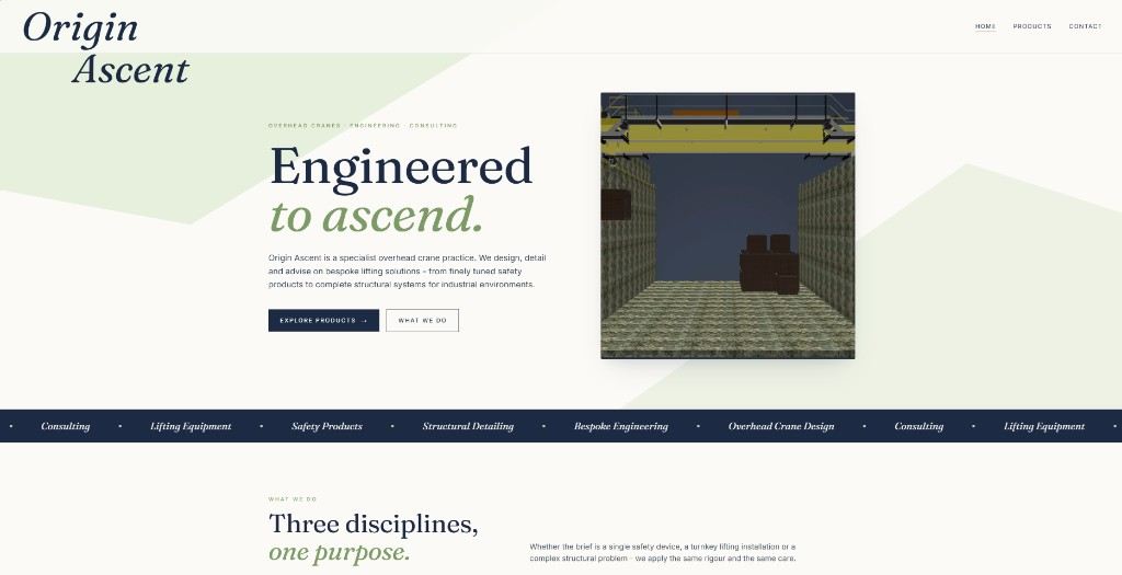Desktop screenshot of the Origin Ascent overhead crane engineering website - hero layout with crane rendering and practice overview